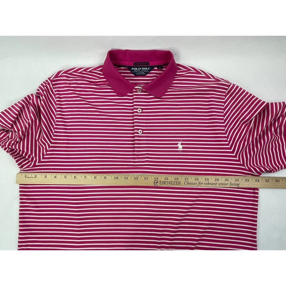 VINTAGE Polo Golf Ralph Lauren Polo Shirt Mens Large Pink Striped S/S HAZELTINE